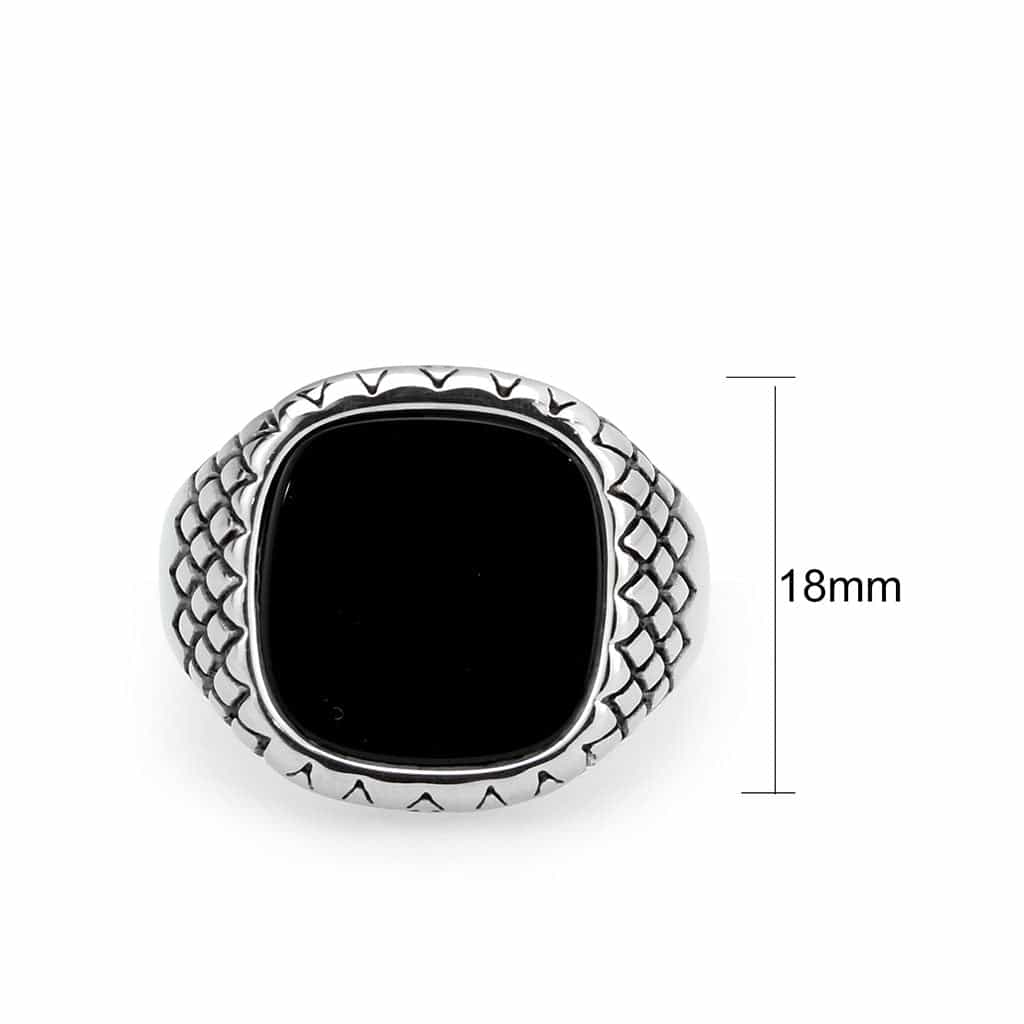 Stainless Steel Silver Black Onyx Square Grid Carved Mens Ring view 4