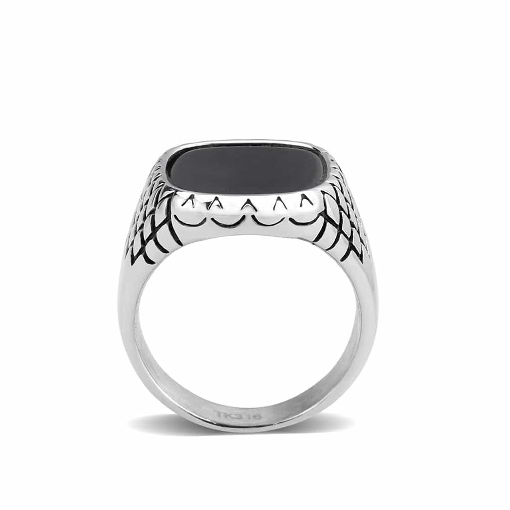 Stainless Steel Silver Black Onyx Square Grid Carved Mens Ring view 6