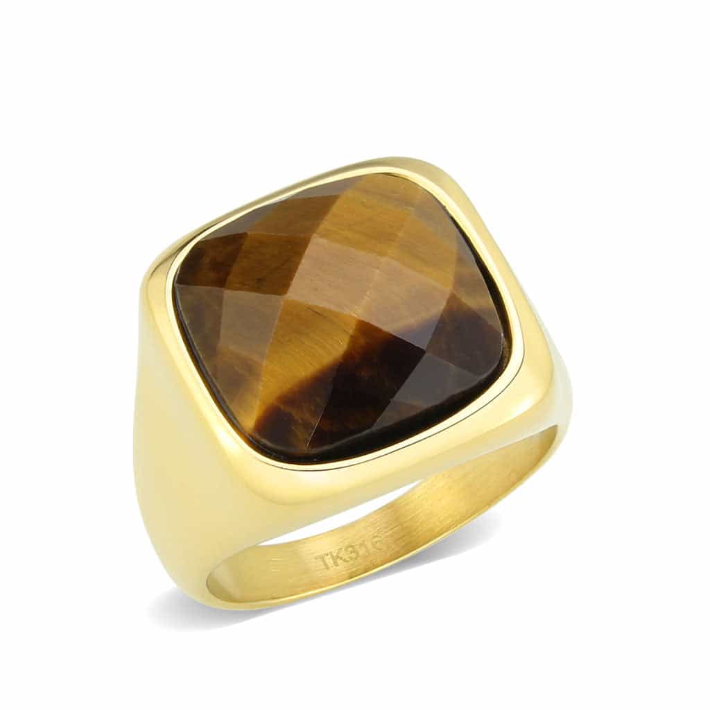 Stainless Steel Gold IP Tiger Eye Cushion Polished Mens Ring view 2