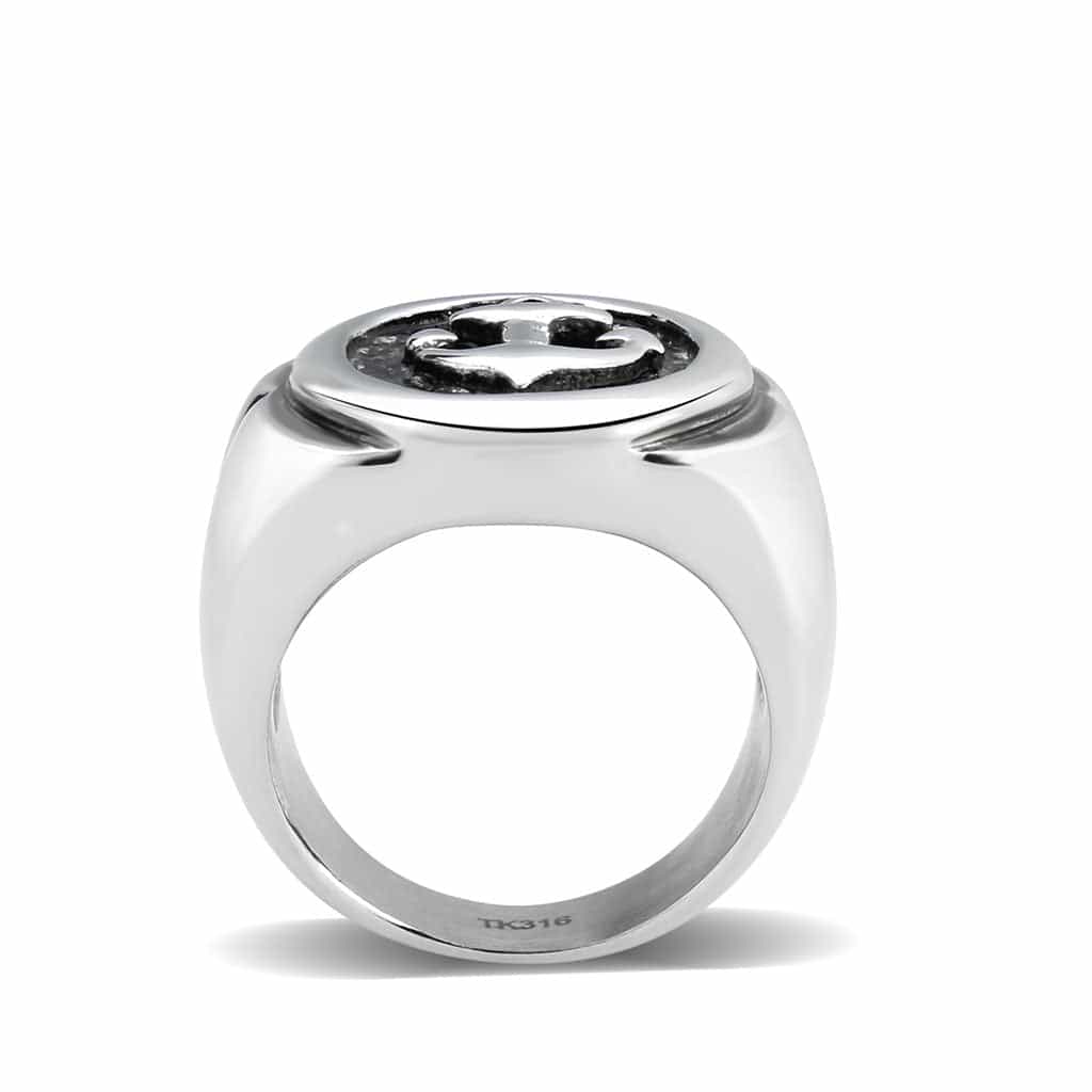 Stainless Steel Anchor Nautical Circle Carved Mens Signet Ring view 6