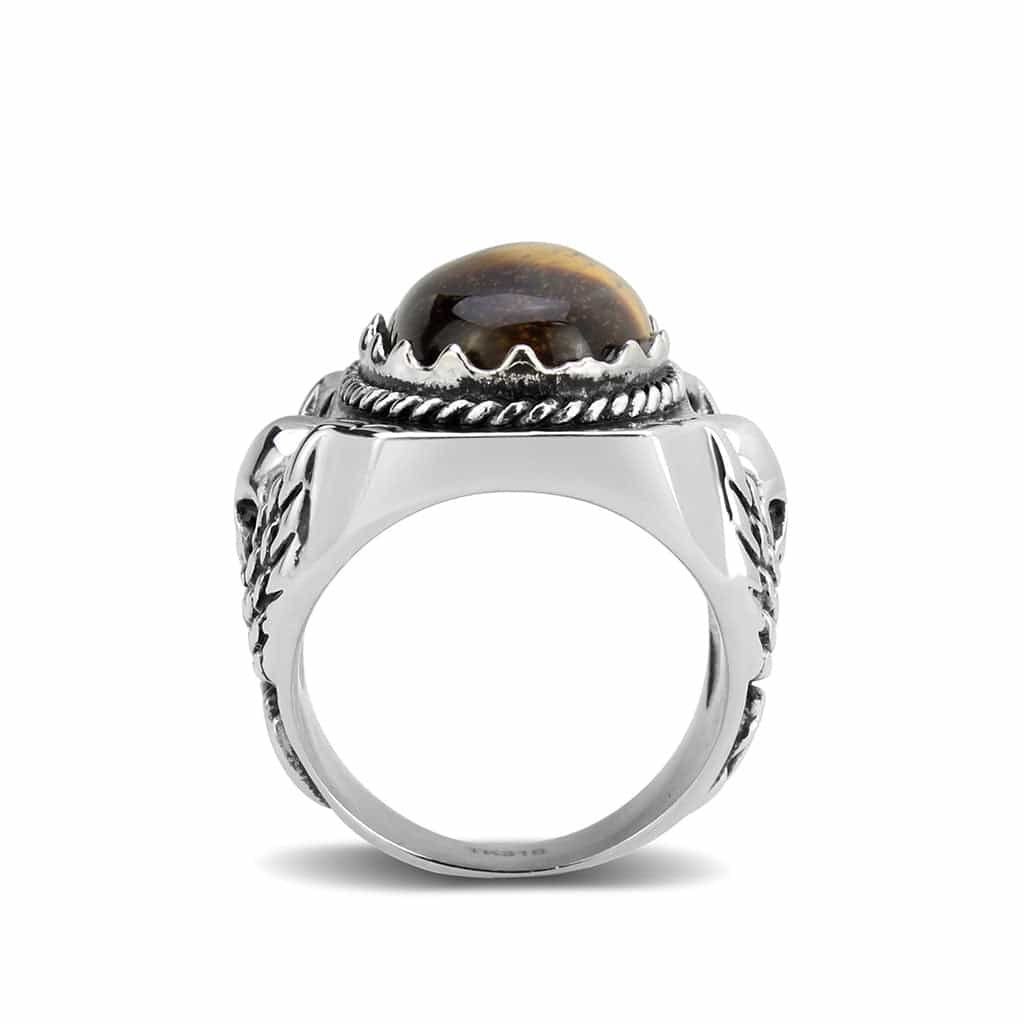 Stainless Steel Silver Tiger Eye Oval Claw Scroll Carved Ring view 6