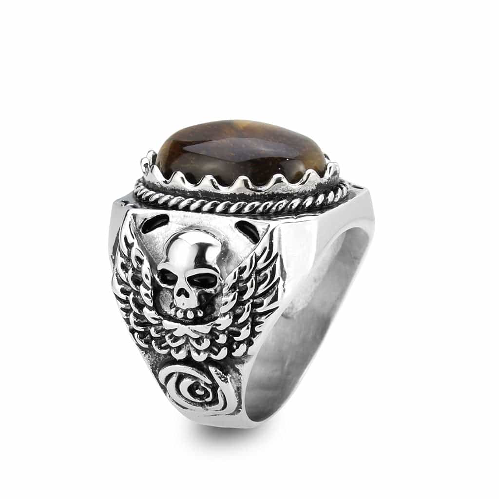 Stainless Steel Silver Tiger Eye Oval Claw Scroll Carved Ring view 8