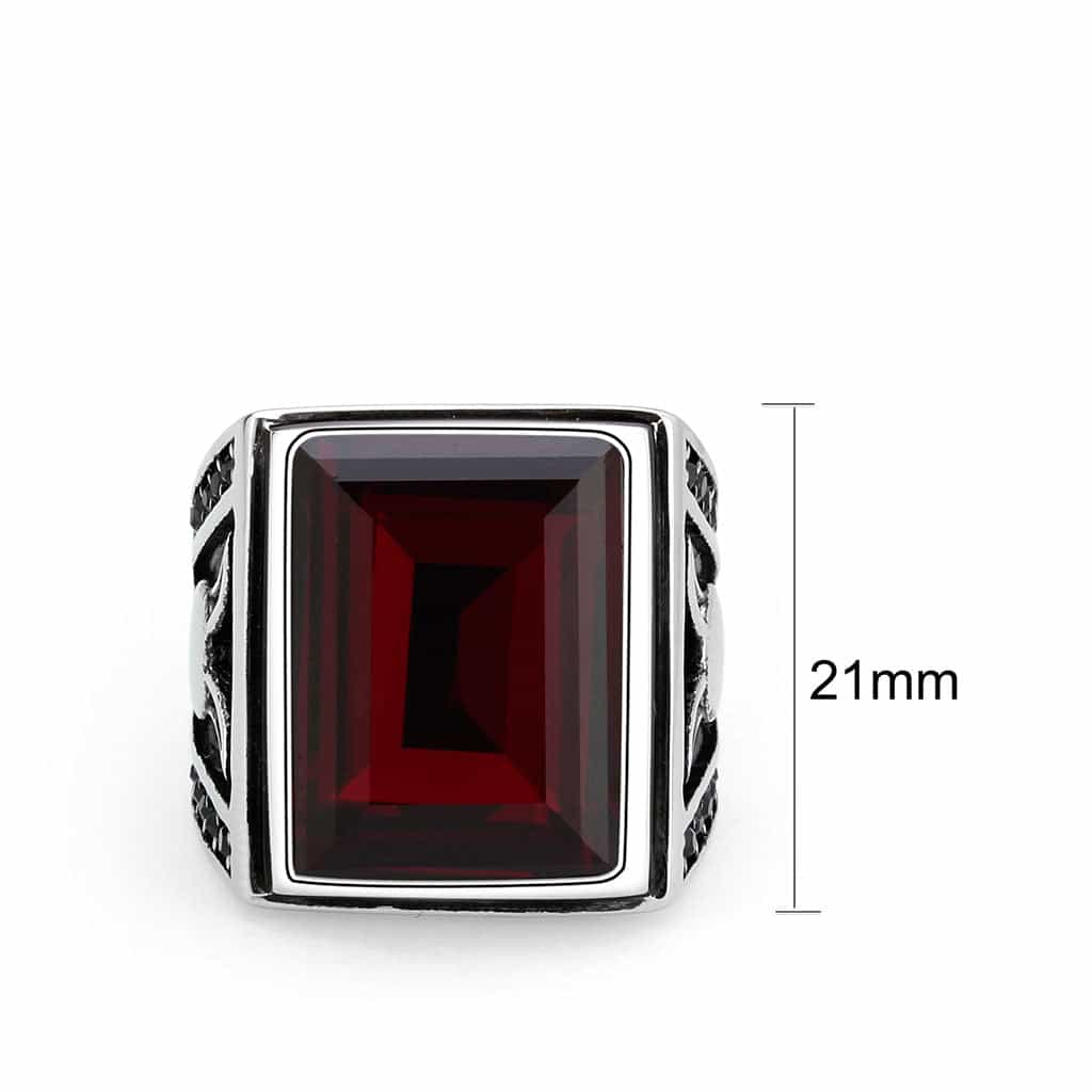 Stainless Steel Silver Red Garnet CZ Emerald Cut Carved Mens Ring view 4