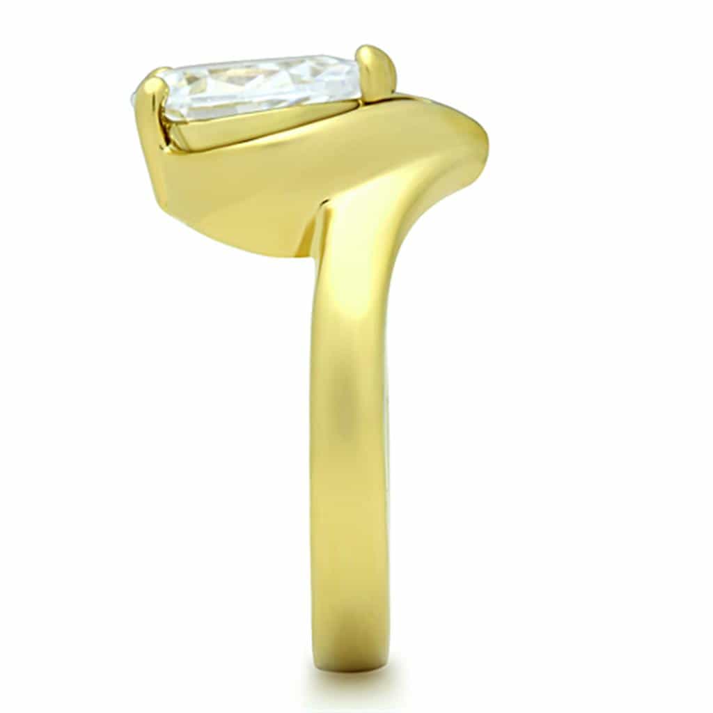 Stainless Steel Gold IP CZ Oval Petal Cathedral Solitaire Ring view 8