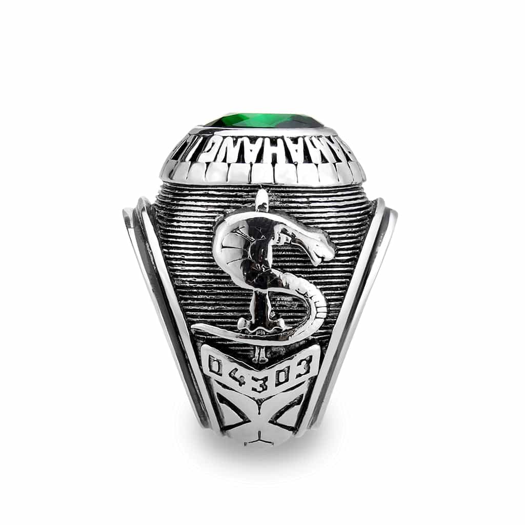 Stainless Steel Emerald Green CZ Dragon Carved Military Ring view 12