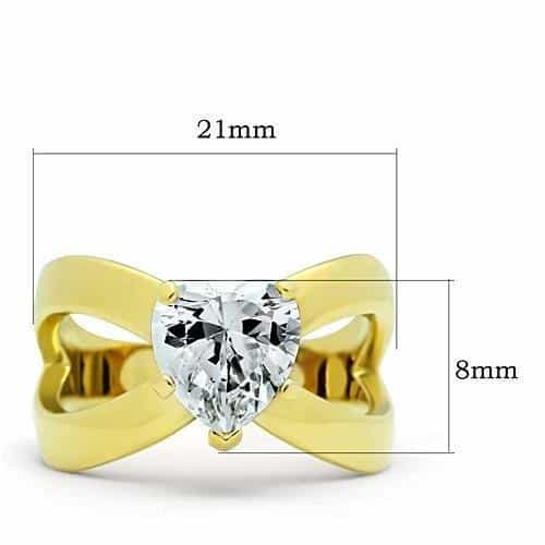 Stainless Steel Gold IP CZ Heart X Crossover Solitaire Ring view 4