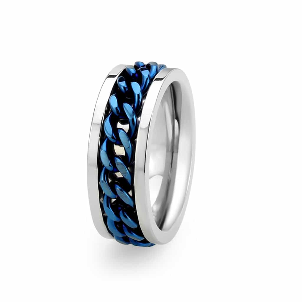 Stainless Steel Silver Blue IP Cuban Chain Spinner Mens Band Ring view 8