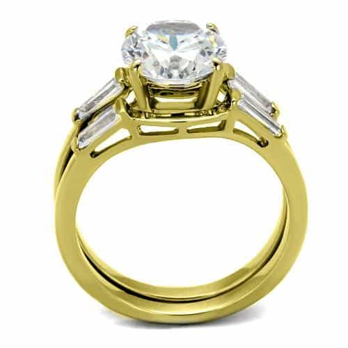 Stainless Steel Gold IP CZ Round Baguette Bridal Set Ring view 6