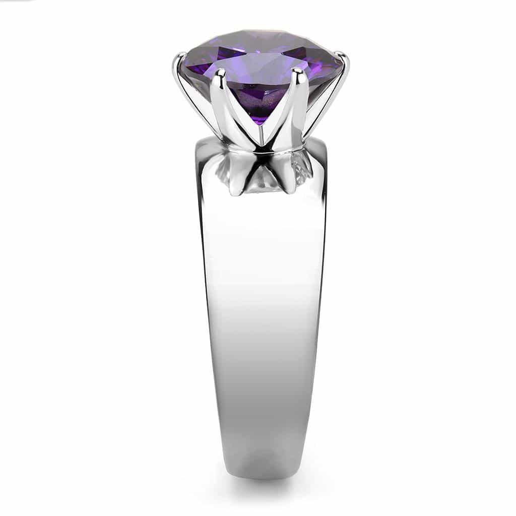 Stainless Steel Silver CZ Round Purple Solitaire Wide Band Ring view 8