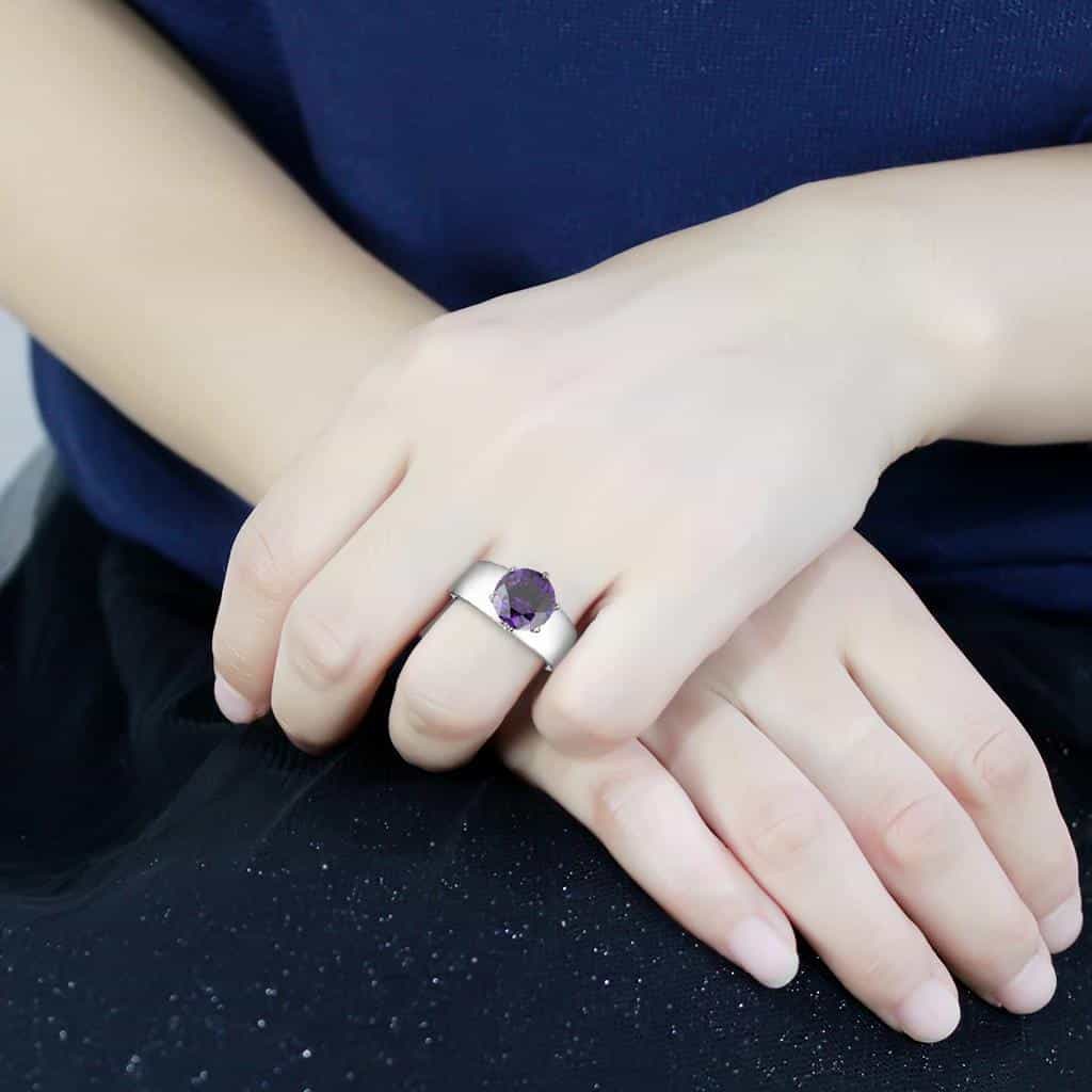 Stainless Steel Silver CZ Round Purple Solitaire Wide Band Ring view 10