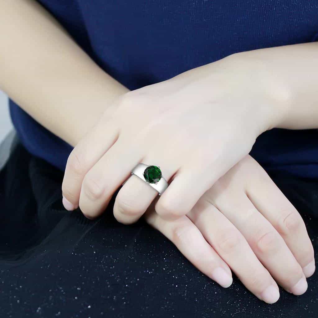 Stainless Steel Silver CZ Round Green Solitaire Wide Band Ring view 10