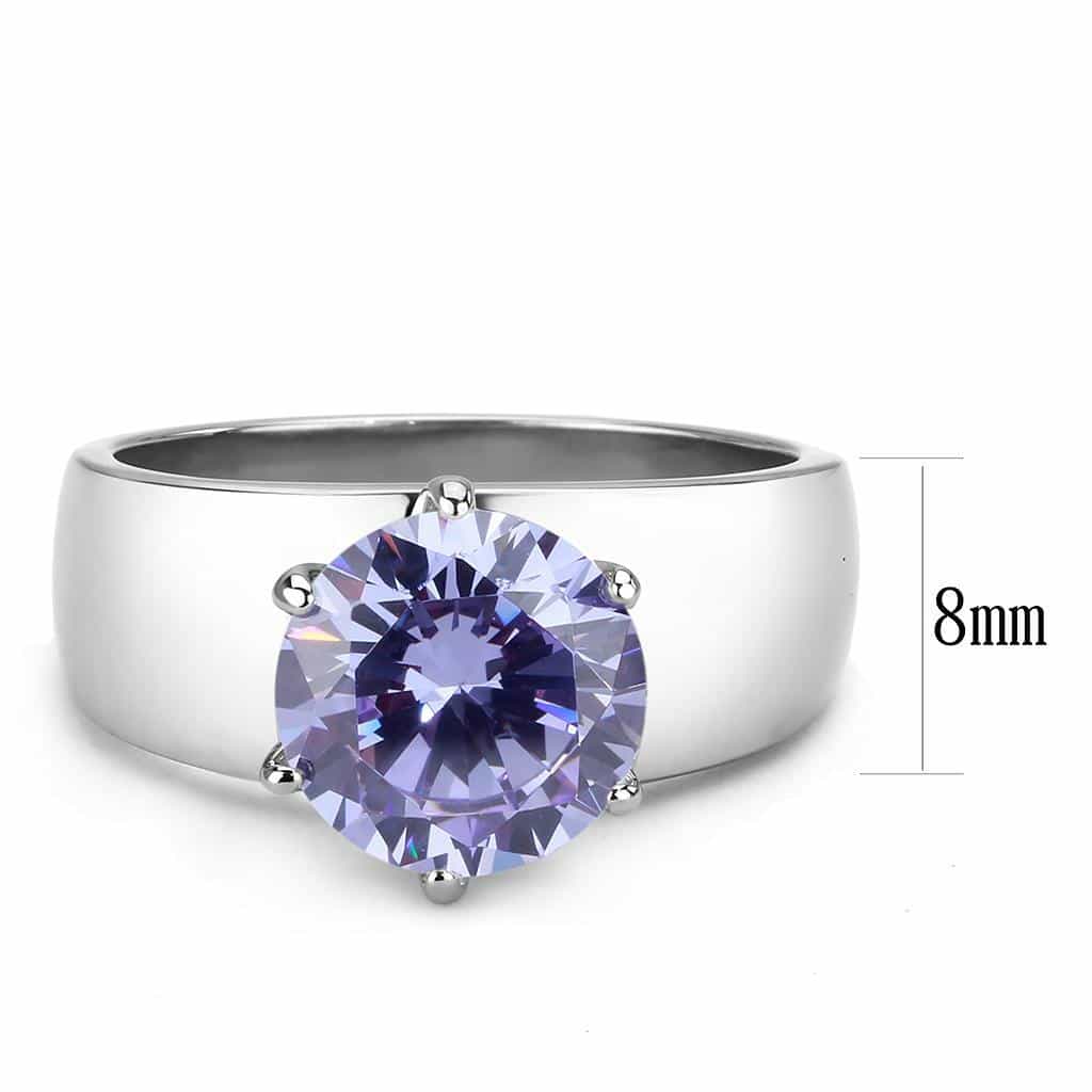 Stainless Steel Silver CZ Round Lavender Solitaire Wide Band Ring view 4