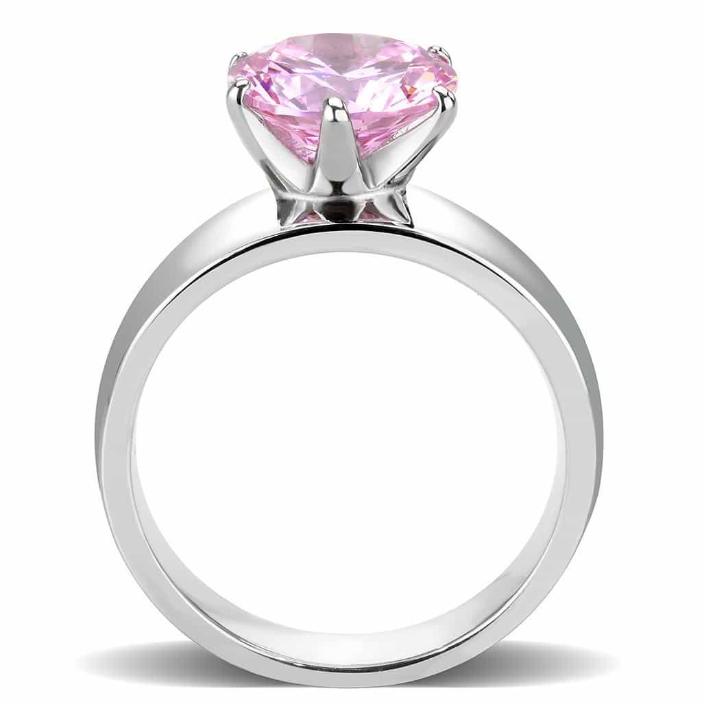 Stainless Steel Silver CZ Round Pink Solitaire Wide Band Ring view 6