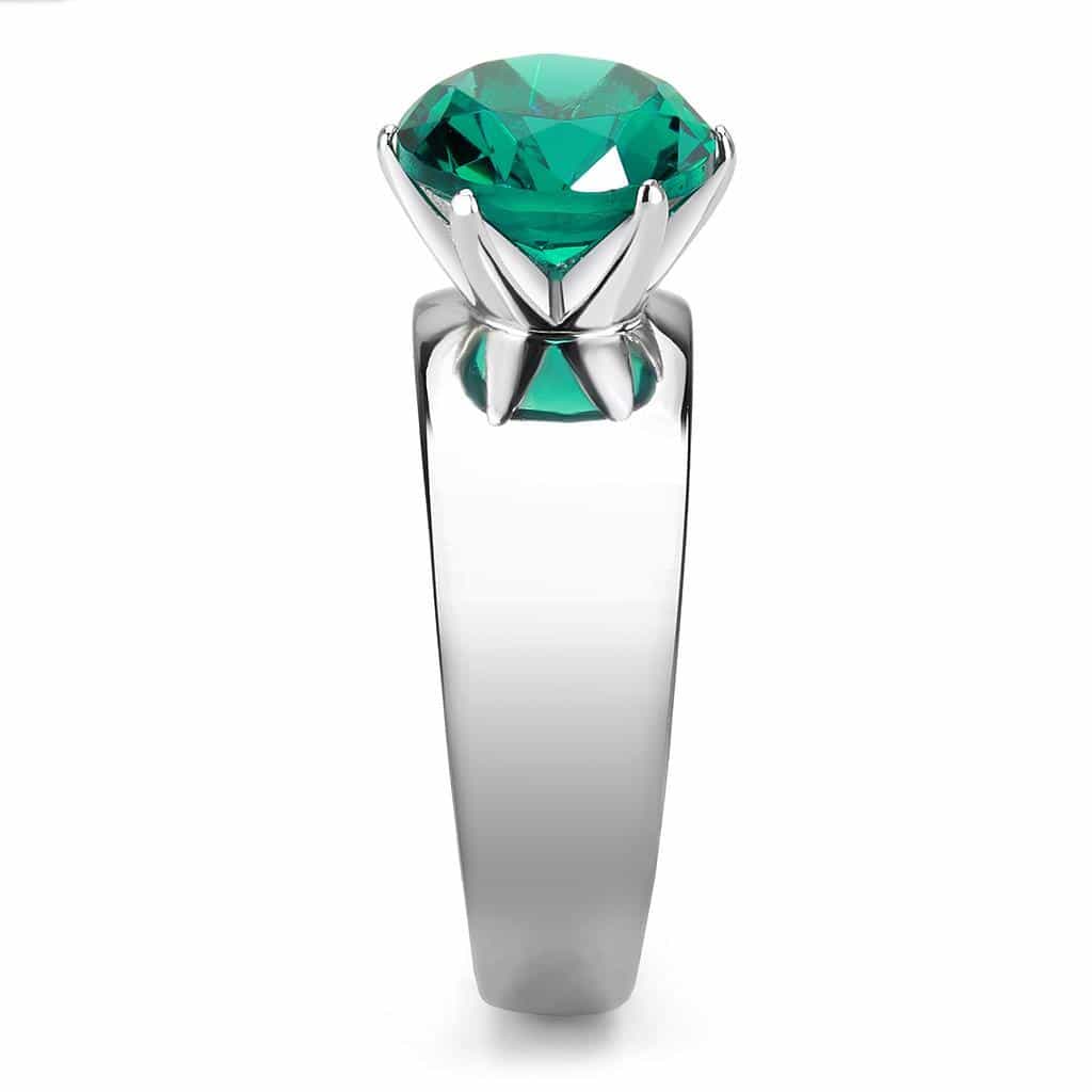 Stainless Steel Silver CZ Round Teal Solitaire Wide Band Ring view 8