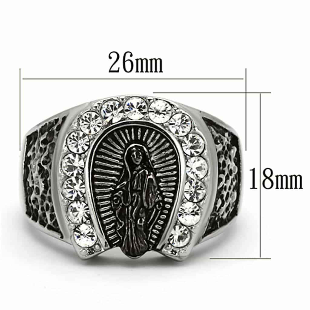 Stainless Steel Silver Virgin Mary Guadalupe CZ Halo Oval Ring view 4