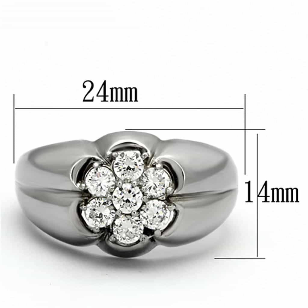 Stainless Steel Silver CZ Round Clear Cluster Flower Prong Ring view 4