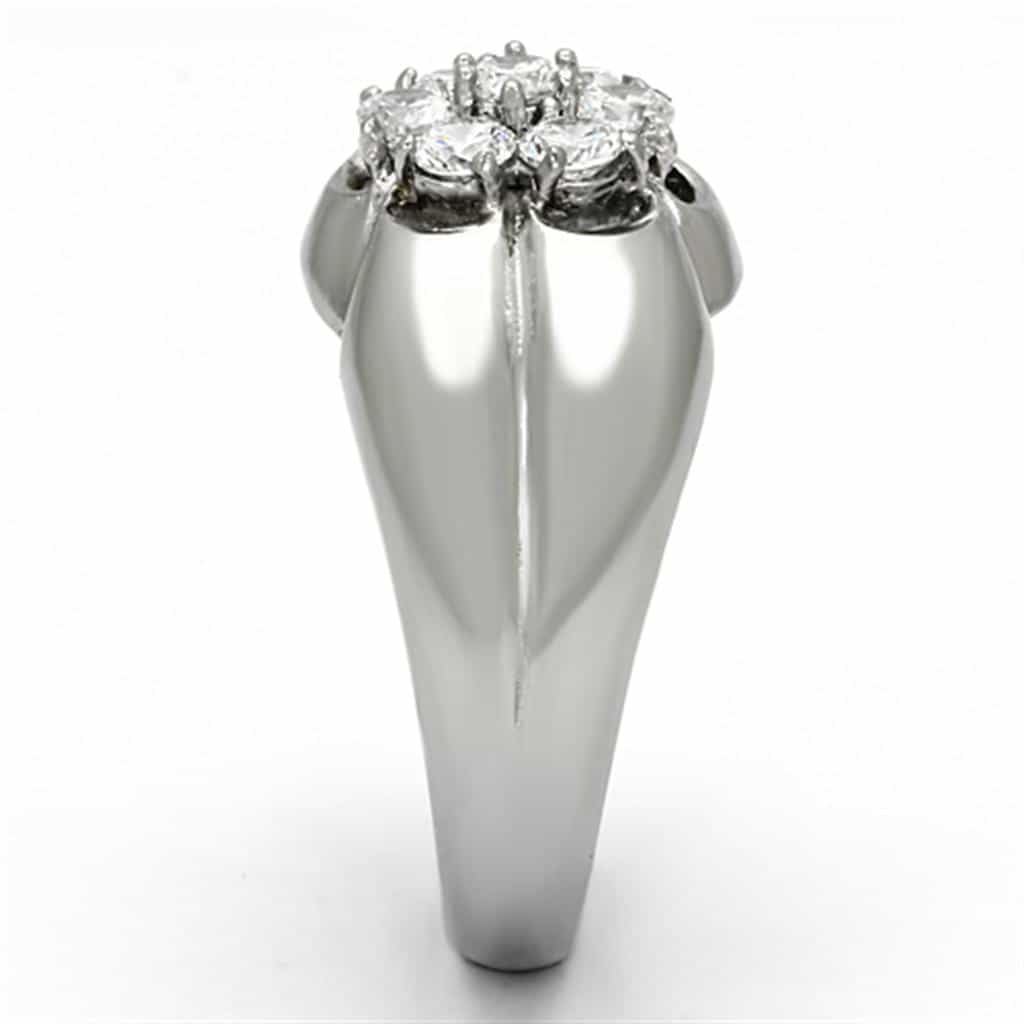 Stainless Steel Silver CZ Round Clear Cluster Flower Prong Ring view 8