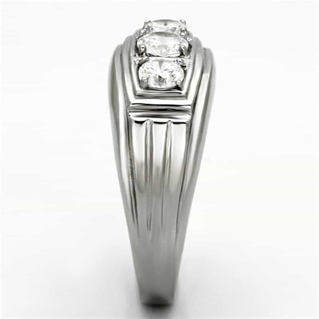 Stainless Steel Silver CZ Three Stone Round Channel Wide Ring view 5