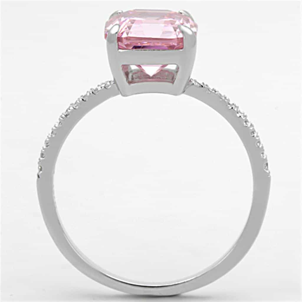 Sterling Silver Pink CZ Cushion Solitaire Pave Ring view 6