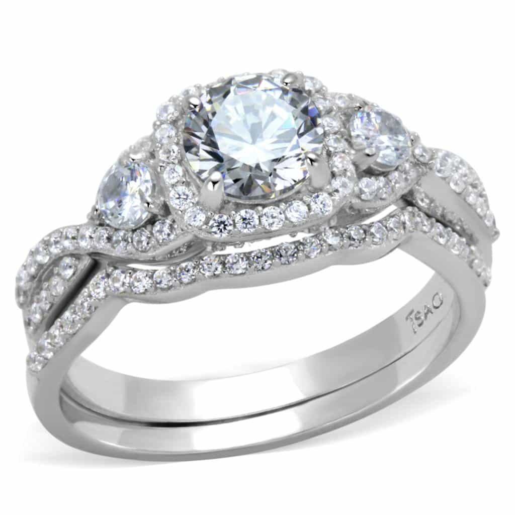 Sterling Silver CZ Cushion Halo Pave Bridal Set Ring view 10