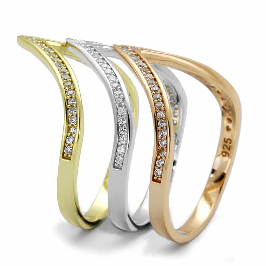 Sterling Silver Rose Gold Tri Tone CZ V Chevron Triple Ring view 8