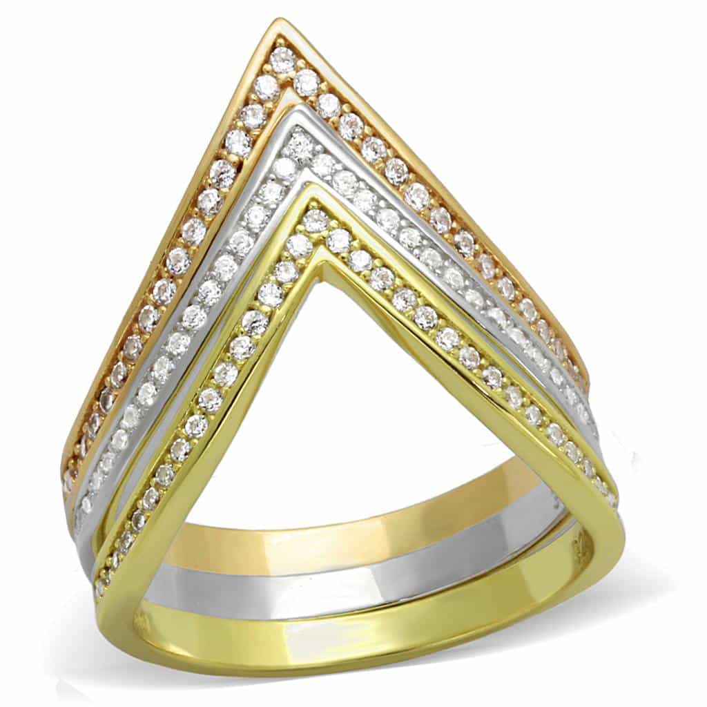 Sterling Silver Rose Gold Tri Tone CZ V Chevron Triple Ring view 10