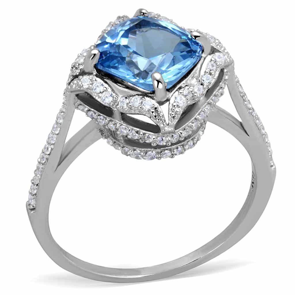 Sterling Silver Blue Topaz Cushion Double Halo Pave Ring view 10