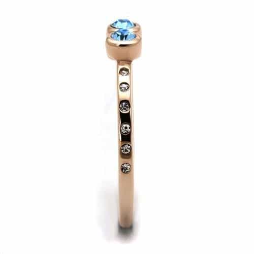 Stainless Steel Rose Gold IP Aquamarine Blue CZ Double Bezel Ring view 8