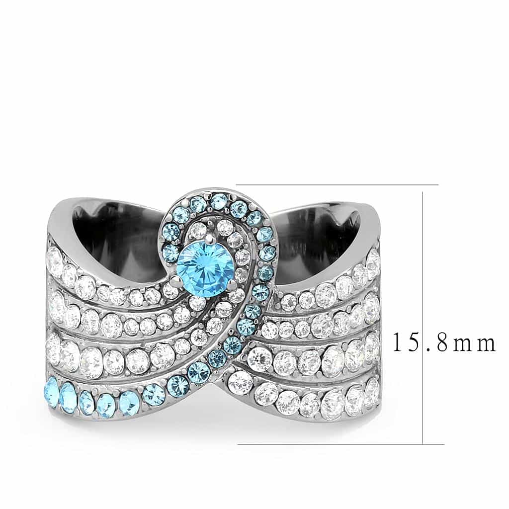 Stainless Steel Aquamarine CZ Round Pave Channel X Crossover Ring view 4