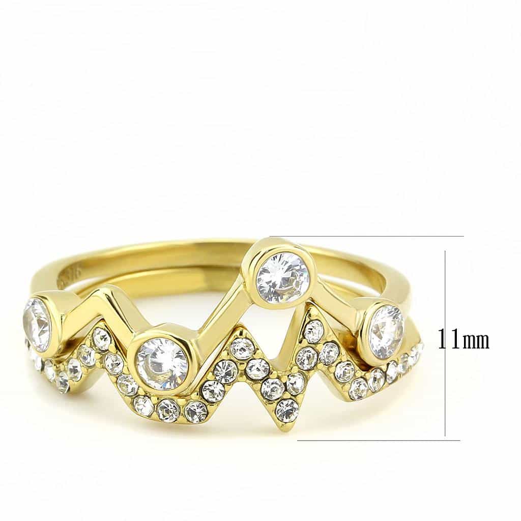 Stainless Steel Gold IP CZ Bezel Heartbeat Zigzag Pave Open Ring view 4
