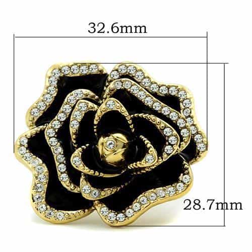 Brass Gold Black Enamel CZ Pave Rose Flower Cocktail Ring view 4