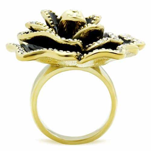 Brass Gold Black Enamel CZ Pave Rose Flower Cocktail Ring view 6