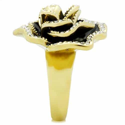Brass Gold Black Enamel CZ Pave Rose Flower Cocktail Ring view 8