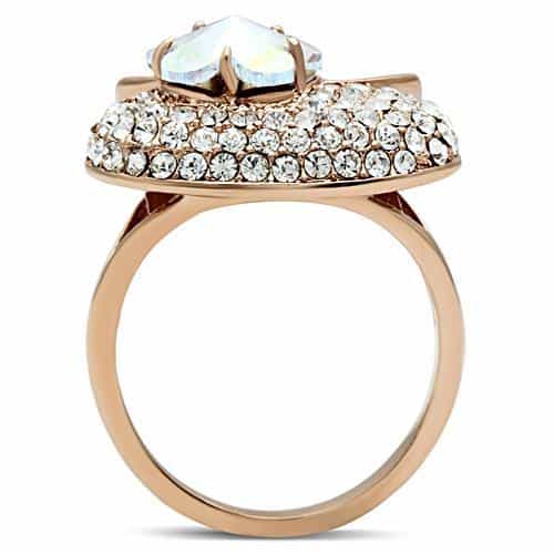 Brass Rose Gold Opal Flower Pink Enamel CZ Dome Cocktail Ring view 6