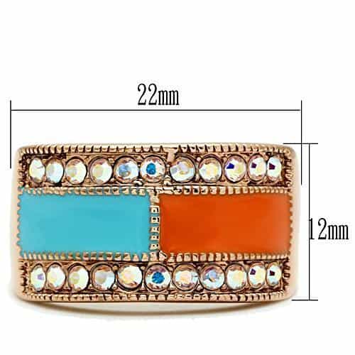 Brass Rose Gold Turquoise Orange Enamel CZ Color Block Wide Ring view 4