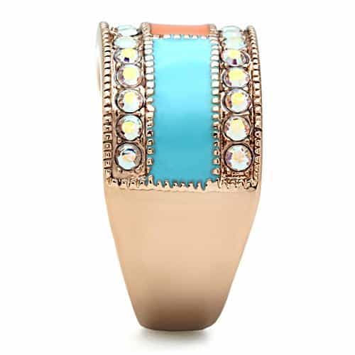 Brass Rose Gold Turquoise Orange Enamel CZ Color Block Wide Ring view 8