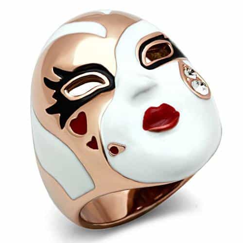 Brass Rose Gold Enamel Venetian Mask Heart Cocktail Ring view 4
