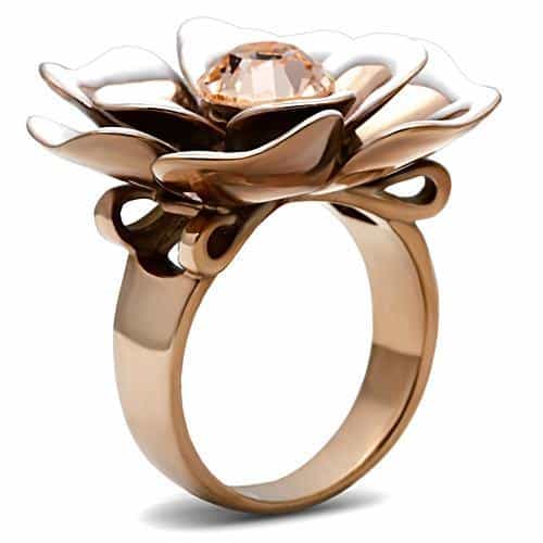 Brass Rose Gold CZ Pave 3D Rose Flower Cocktail Ring view 8