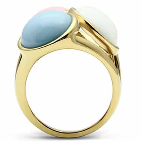 Brass Gold Pastel Cat Eye Triple Cabochon Cocktail Ring view 6