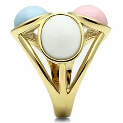 Brass Gold Pastel Cat Eye Triple Cabochon Cocktail Ring view 8