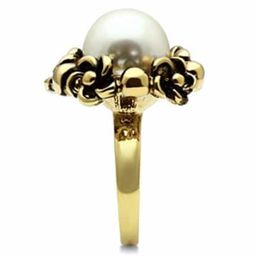 Brass Gold Pearl Polished Flower Petal Prong Cocktail Ring view 8