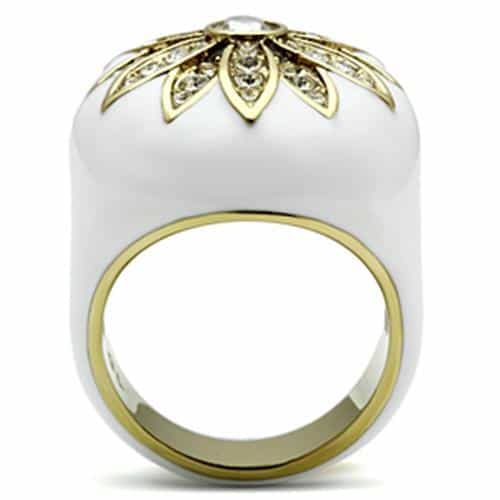 Brass Gold White Enamel CZ Sunburst Flower Wide Dome Ring view 6