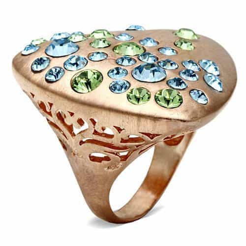 Brass Rose Gold Blue Green Crystal Scattered Bezel Dome Ring view 6