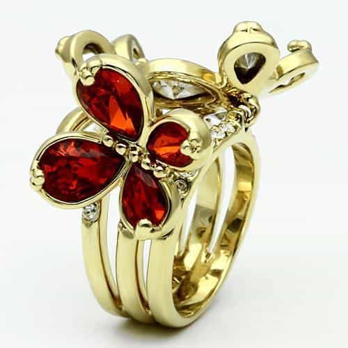 Brass Gold Red Blue Crystal Pear Flower Double Cocktail Ring view 6