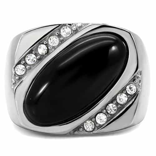 Stainless Steel Black Onyx Oval CZ Accent Ring view 6