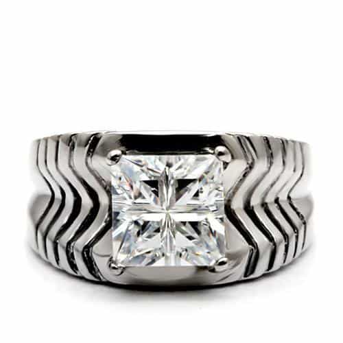 Stainless Steel CZ Princess Cut Ornate Wide Ring view 6