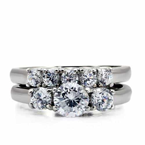 Stainless Steel CZ Flower Cluster Bridal Set Ring view 6