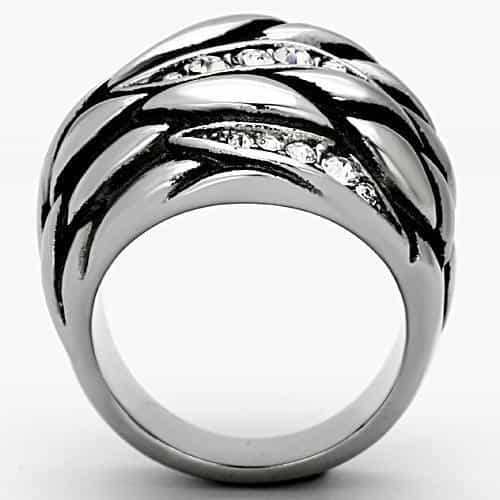 Stainless Steel Antiqued Leaf CZ Channel Dome Ring view 6