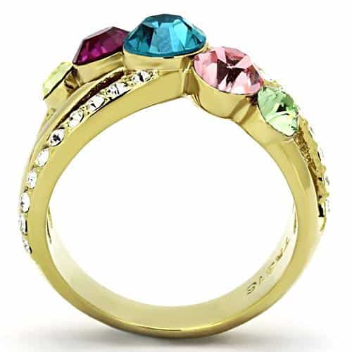 Stainless Steel Gold Multi Color Crystal Open Band Ring view 6