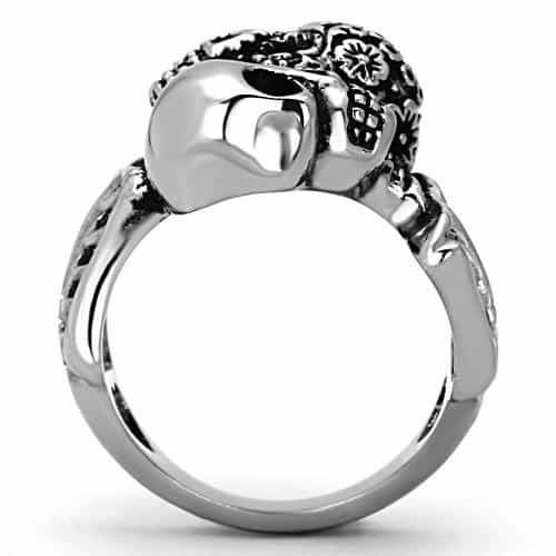 Stainless Steel Antiqued Floral Skull Statement Ring view 6